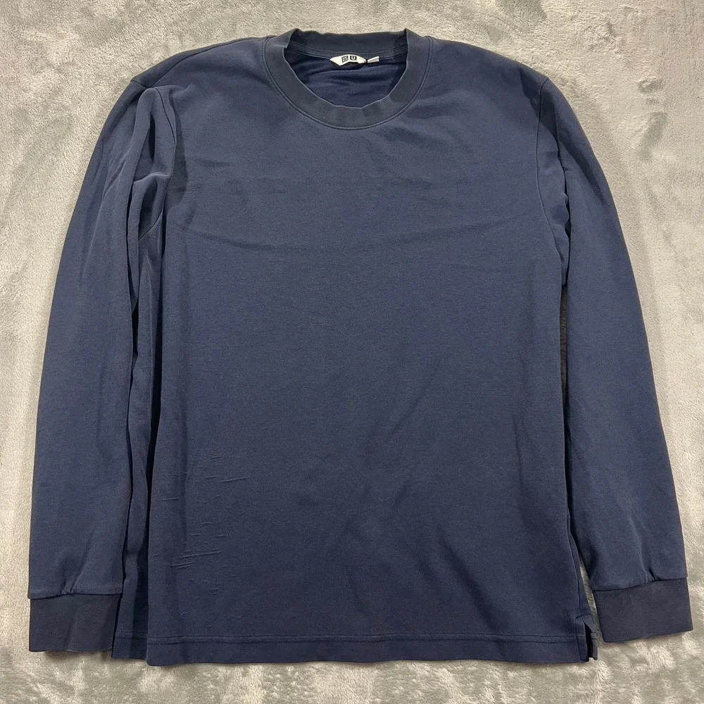 UNIQLO U AIRism T Shirt Mens L Navy Blue Long Sleeve Crew Neck Minimalist Casual